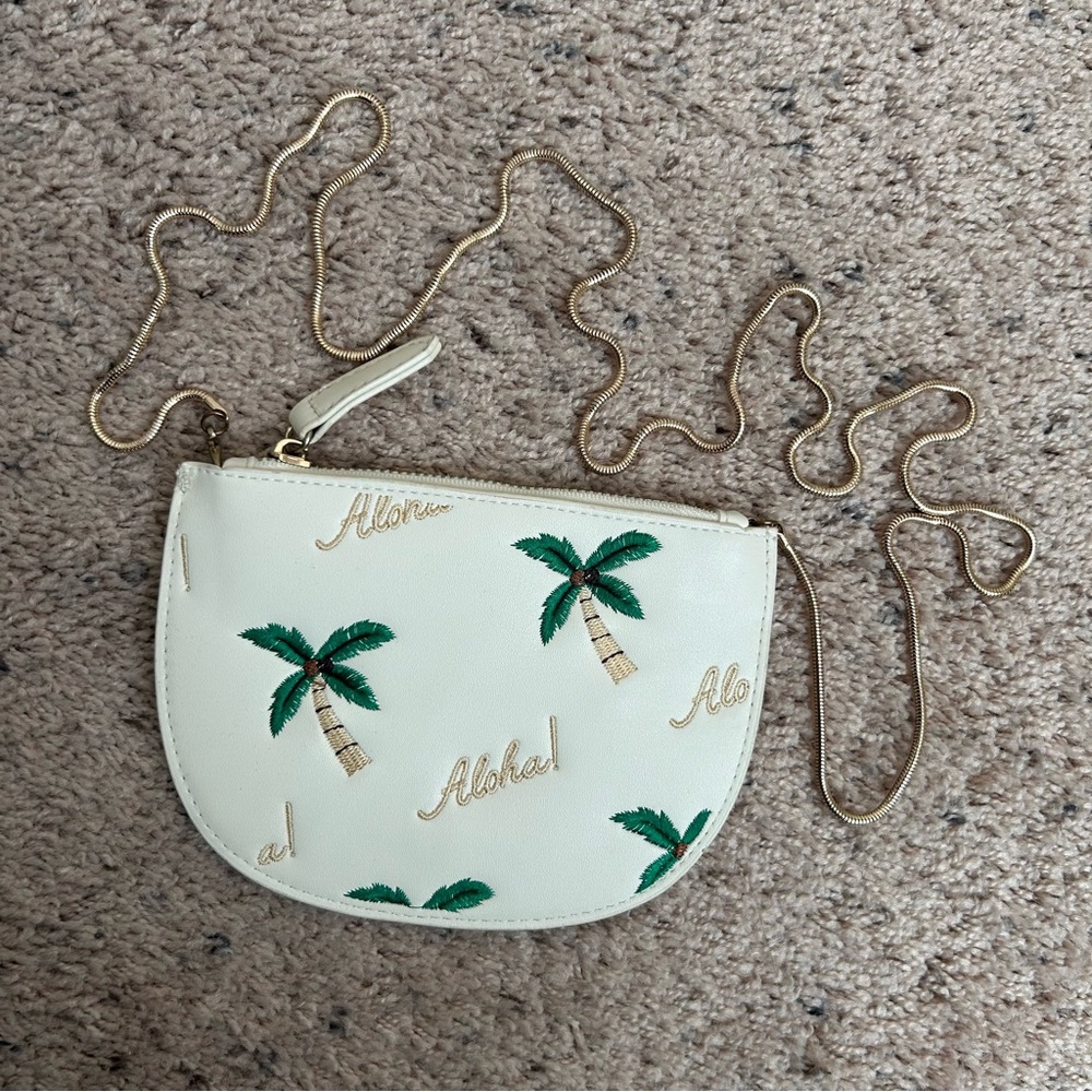 Cream Embroidery Aloha & Coconut Palm Trees Chain Strap Crossbody Hawaiian Bag